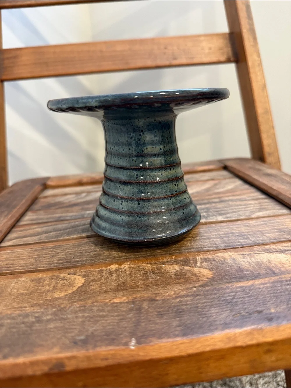 Handmade Studio Pottery Pedestal Candle Riser Stand Blue Speckled Glaze Signed